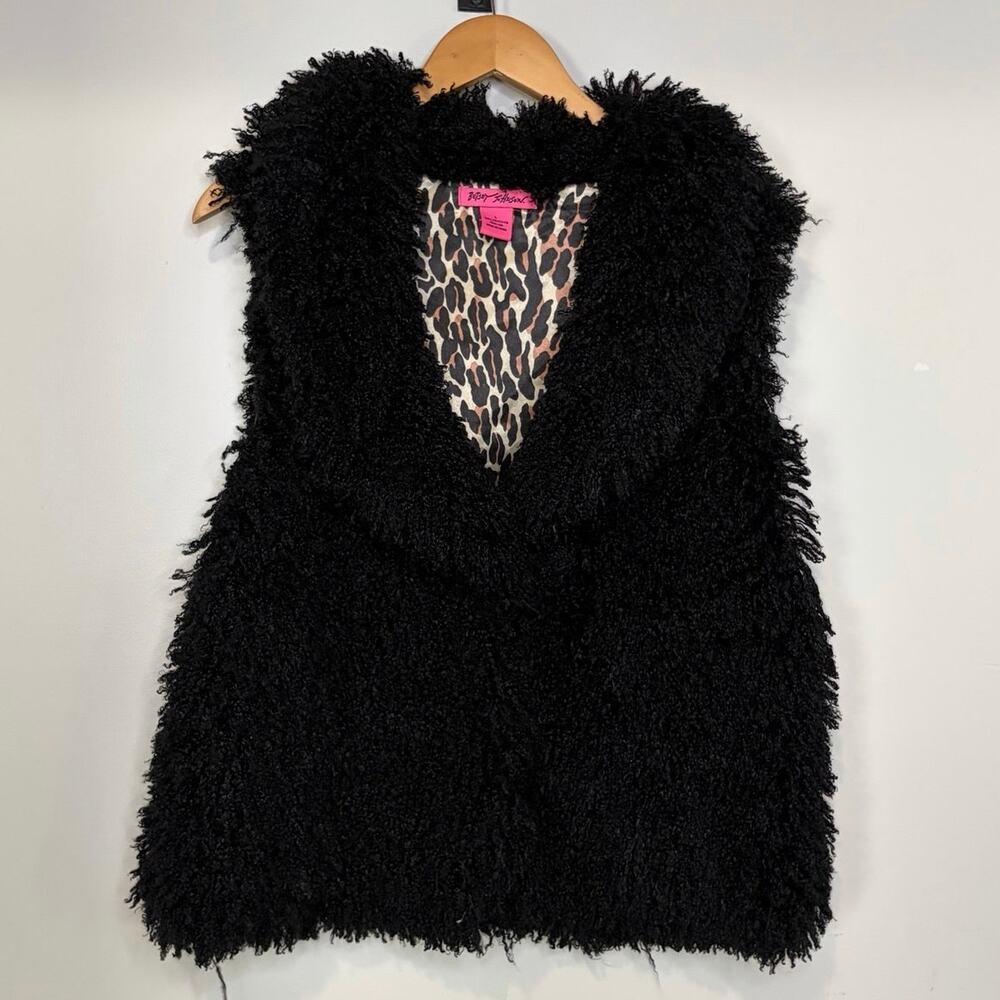 Betsey Johnson Black Faux Fur Vest Shaggy Leopard Print Lining Size Large